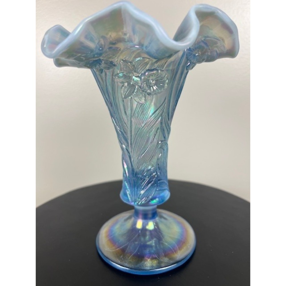 Fenton Ice Blue Iridescent Vase Daffodils Ruffled Edge 7-8" Tall Footed Base